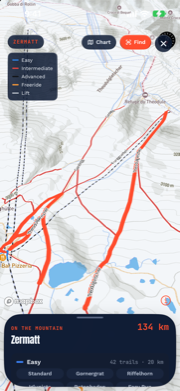 The 3D winter map with the Theodulgletscher run selected and glowing