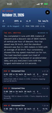 The Ski Debrief, where the Lift Lines card lives alongside the per-run registers