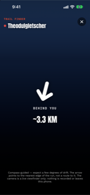 Trail Finder pointing toward Theodulgletscher, 3.3 km away, over the live camera view